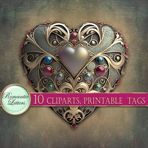 May include: A gold heart-shaped frame with intricate details and colorful gemstones. The frame is decorated with a silver heart in the center. 10 CLPARTS, PRINTABLE TAGS.