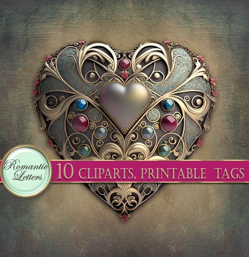 May include: A gold heart-shaped frame with intricate details and colorful gemstones. The frame is decorated with a silver heart in the center. 10 CLPARTS, PRINTABLE TAGS.