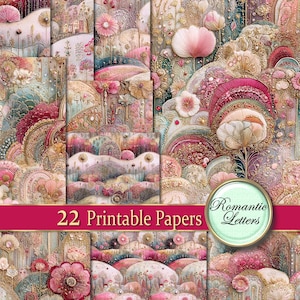 May include: A collection of 22 printable papers with a romantic theme. The papers feature a variety of floral and landscape designs in shades of pink, gold, and teal. The words "Romantic Letters" are displayed on a circular badge.