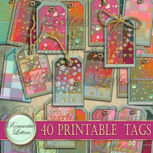 May include: 40 printable tags with a patchwork design featuring hearts, stars, and flowers. The tags are in shades of pink, blue, and green with gold accents. The text "Romantic Letters" and "40 Printable Tags" are visible on the image.