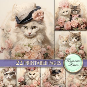 Katzen und Rosen Blumen Floral Digital Scrapbook Papier Pack Shabby Chic Vintage antikes Papier rosa viktorianisches Papier printable art 12x12