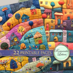 May include: A colorful digital paper pack with 22 printable pages featuring a whimsical illustration of a town with houses, trees, and flowers. The text "Romantic Letters" is visible in the image.