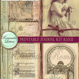 May include: A printable journal kit with a vintage aesthetic. The kit includes images of a young girl, a clock face, and a decorative gate. The kit also includes a page with a handwritten alphabet and a page with a handwritten note.