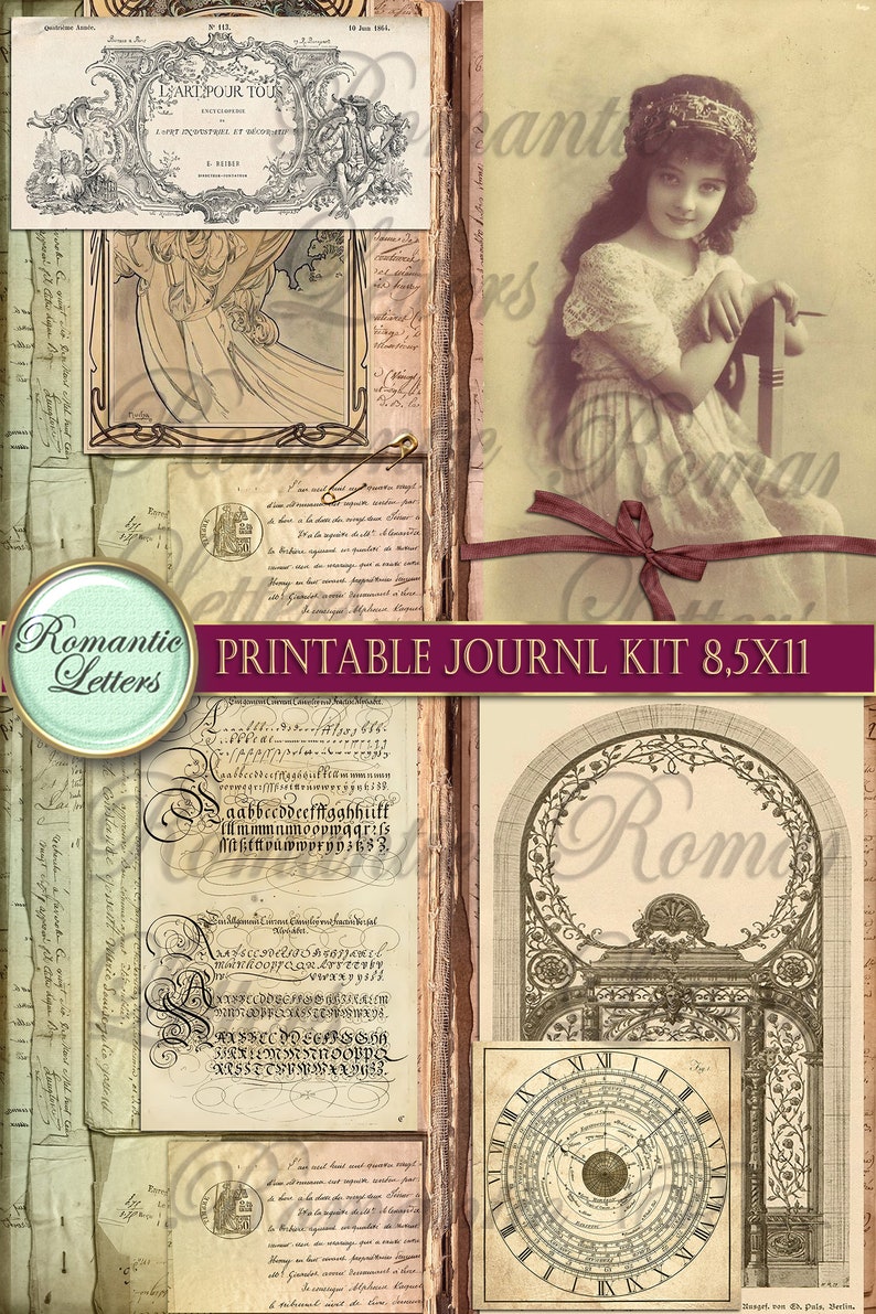 May include: A printable journal kit with a vintage aesthetic. The kit includes images of a young girl, a clock face, and a decorative gate. The kit also includes a page with a handwritten alphabet and a page with a handwritten note.