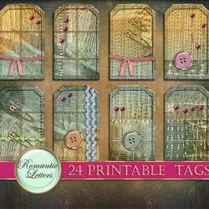 May include: Twenty-four printable tags with a patchwork design. The tags feature various textures, including burlap, denim, and lace. Some tags have buttons, safety pins, and sewing pins.