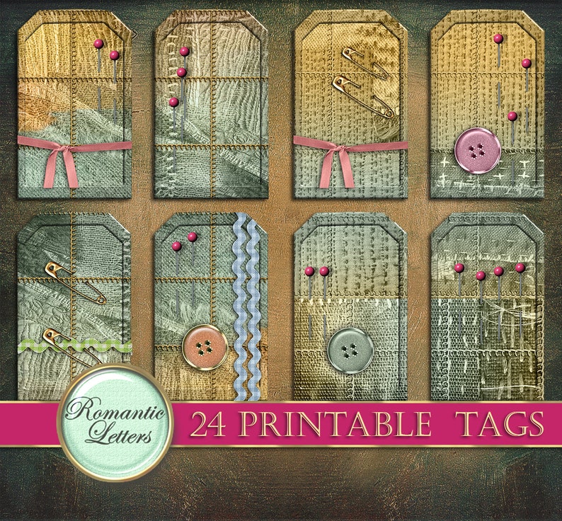 May include: Twenty-four printable tags with a patchwork design. The tags feature various textures, including burlap, denim, and lace. Some tags have buttons, safety pins, and sewing pins.