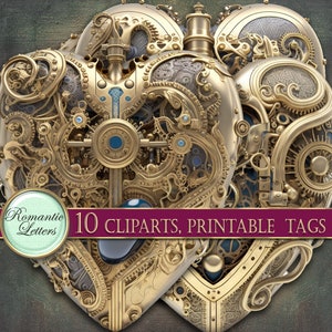 May include: Two gold-colored, intricately detailed, heart-shaped gears with blue accents. The gears are interlocked and have a steampunk aesthetic. The text "10 CLPARTS, PRINTABLE TAGS" is visible at the bottom of the image.