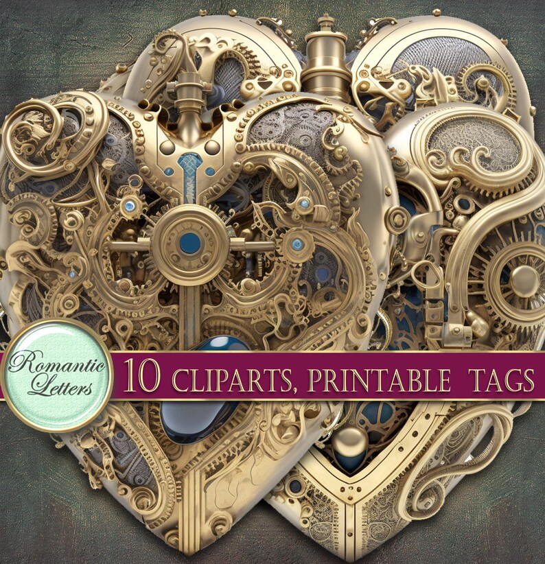 May include: Two gold-colored, intricately detailed, heart-shaped gears with blue accents. The gears are interlocked and have a steampunk aesthetic. The text "10 CLPARTS, PRINTABLE TAGS" is visible at the bottom of the image.