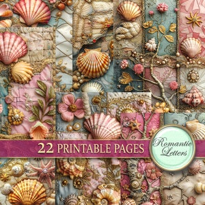 Könnte beinhalten: Eine Collage aus 22 druckbaren Seiten mit filigranen Designs von Muscheln, Perlen und floralen Motiven in Rosa-, Gold- und Weißtönen. Der Text "Romantic Letters" ist in der rechten unteren Ecke sichtbar.
