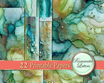 Watercolor Waves Junk Journal Paper Texture: Abstract, Digital Scrapbook Collage, Pastel Blue Green colors (Printable)