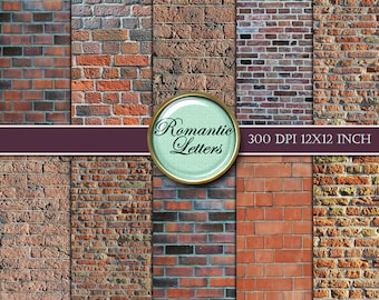 May include: A digital paper pack with 12 different brick wall textures. Each texture is 12x12 inches and 300 DPI. The textures are in various shades of red, brown, and gray.