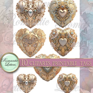 May include: Ten ornate gold and white heart-shaped clip art images with intricate details and jewel accents.  The hearts are isolated on a white background.