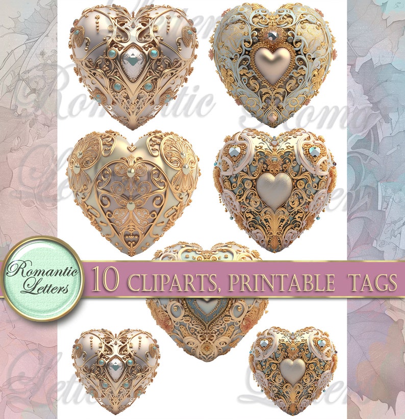 May include: Ten ornate gold and white heart-shaped clip art images with intricate details and jewel accents.  The hearts are isolated on a white background.