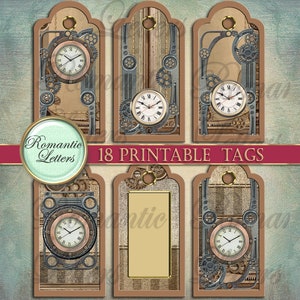 May include: Set of 18 printable tags featuring a steampunk design with gears, clocks, and a distressed paper background. The tags are brown with a gold trim and are perfect for adding a vintage touch to your crafts.