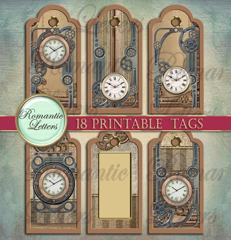 May include: Set of 18 printable tags featuring a steampunk design with gears, clocks, and a distressed paper background. The tags are brown with a gold trim and are perfect for adding a vintage touch to your crafts.