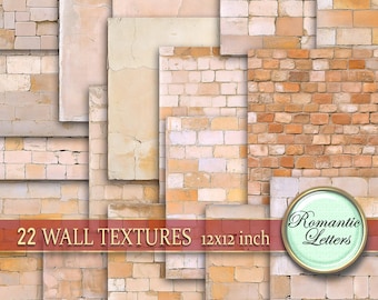 May include: 22 digital wall textures in various shades of beige and brown, featuring brick and stone patterns. Each texture is 12x12 inches.