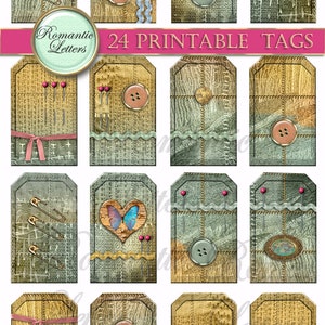 May include: 24 printable tags with a vintage, rustic, and shabby chic theme. The tags feature various textures, including burlap, denim, and lace. They are decorated with buttons, pins, and ribbons. The tags are perfect for adding a touch of charm to your crafts and gifts.