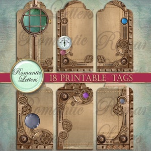 May include: Set of 18 printable steampunk-style gift tags with a brown background and gold gears, rivets, and other embellishments. Each tag has a blank space for writing.