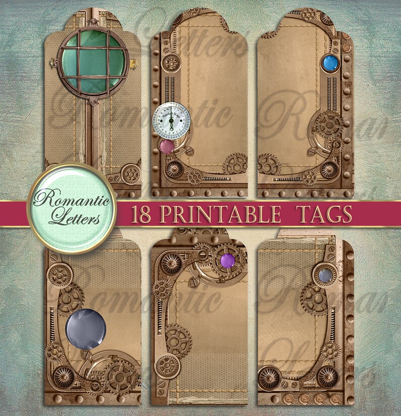 May include: Set of 18 printable steampunk-style gift tags with a brown background and gold gears, rivets, and other embellishments. Each tag has a blank space for writing.