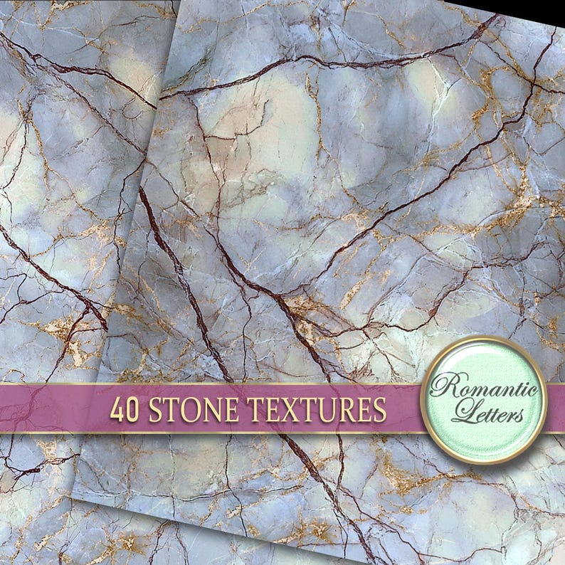 May include: A close-up of a blue and white marble texture with gold and red veins. The text "40 STONE TEXTURES" is displayed on a pink ribbon. A circular logo with the text "Romantic Letters" is in the lower right corner.