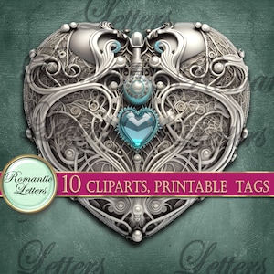 May include: A silver heart-shaped locket with intricate filigree details and a blue gem heart in the center. The locket is surrounded by a teal background.