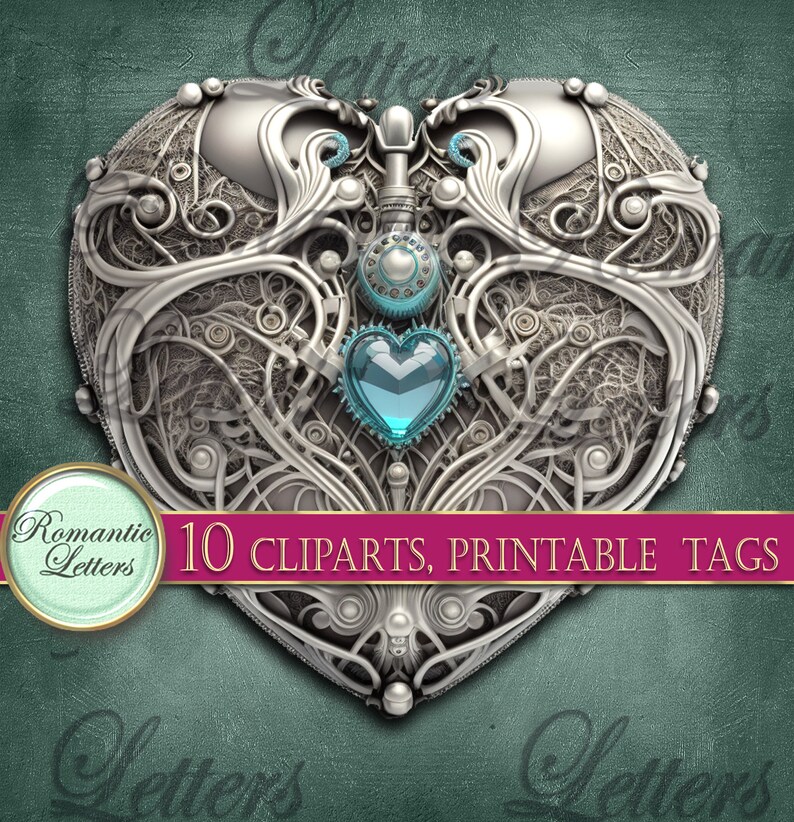May include: A silver heart-shaped locket with intricate filigree details and a blue gem heart in the center. The locket is surrounded by a teal background.