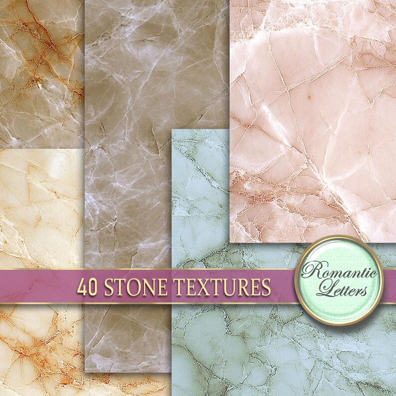May include: A collage of 40 different stone textures in various shades of brown, beige, pink, and blue. The text "40 STONE TEXTURES" is displayed in a pink banner across the middle of the image. The text "Romantic Letters" is displayed in a circle with a gold border.