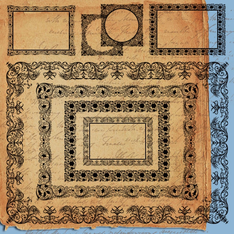 May include: A collection of ornate black frames on a vintage, cream-colored paper background. The frames are of various sizes and styles, with intricate floral designs. Some frames are square, while others are rectangular or circular.