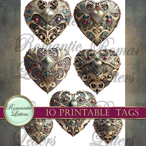 May include: Ten printable tags featuring ornate gold heart designs with intricate filigree and jewel embellishments. The hearts are adorned with red, blue, and green gemstones.