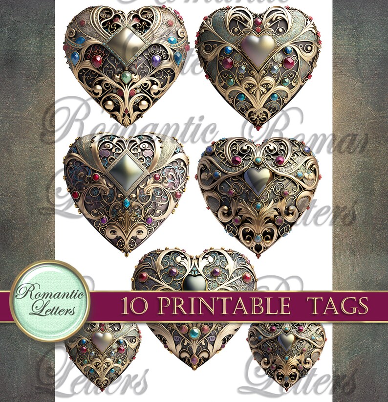 May include: Ten printable tags featuring ornate gold heart designs with intricate filigree and jewel embellishments. The hearts are adorned with red, blue, and green gemstones.