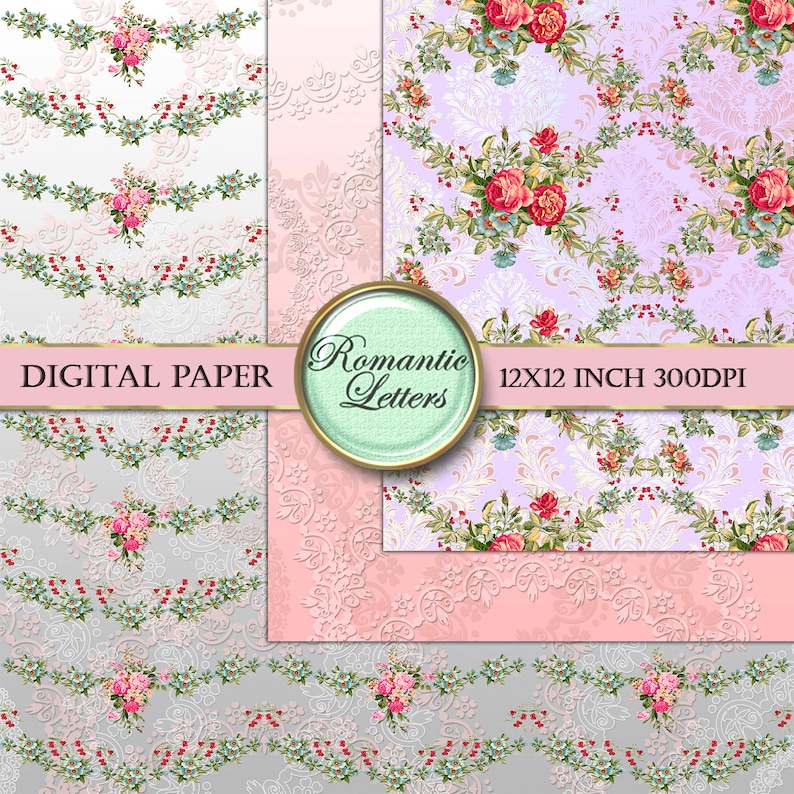 Floral Digital Scrapbook Paper Pack Shabby Chic Rose Flowers Background ...