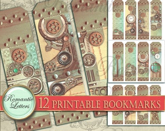 May include: Twelve printable bookmarks featuring a steampunk design with gears, cogs, and clockwork elements in shades of brown, gold, and green. The bookmarks are rectangular and have a distressed, vintage look.