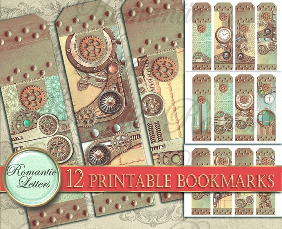 Printable Steampunk bookmarks set digital printable gift tags printable hang tags printable present book lover journal bookmark download