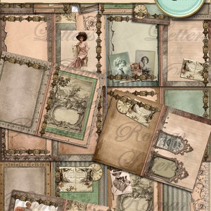 May include: A printable journal kit with a vintage aesthetic. The kit includes 20 pages with various designs, including floral patterns, ornate frames, and antique-looking paper textures. The pages are perfect for journaling, scrapbooking, or crafting.