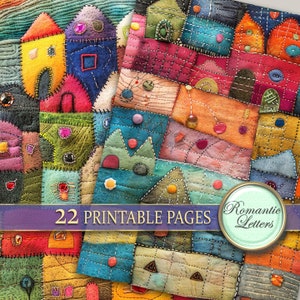 May include: A digital paper pack with 22 printable pages featuring a patchwork quilt design with colorful houses and geometric shapes. The text "Romantic Letters" is visible in the bottom right corner.