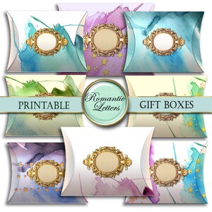 May include: Printable gift boxes with watercolor designs in shades of blue, green, and purple. Each box features a gold frame with a blank oval space for personalization. The boxes are decorated with gold stars and the text "Romantic Letters" and "Gift Boxes".