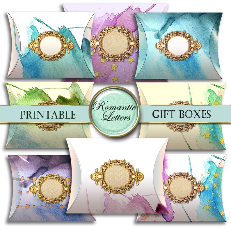 May include: Printable gift boxes with watercolor designs in shades of blue, green, and purple. Each box features a gold frame with a blank oval space for personalization. The boxes are decorated with gold stars and the text "Romantic Letters" and "Gift Boxes".
