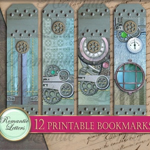 Puede incluir: Doce marcadores imprimibles con tem&aacute;tica steampunk. Los marcadores est&aacute;n decorados con engranajes, relojes y otros elementos industriales en tonos azules, verdes y marrones.