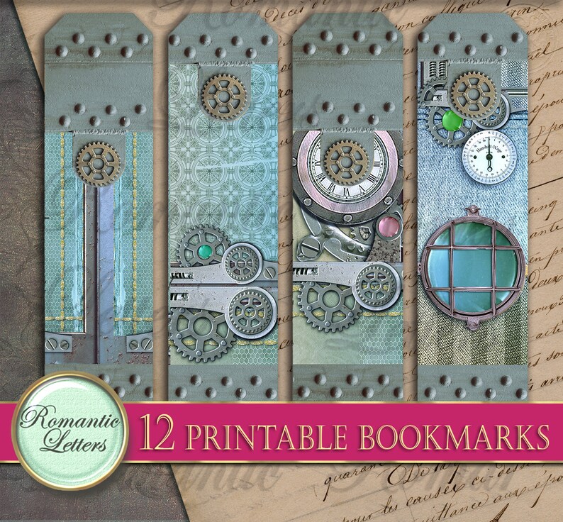 Puede incluir: Doce marcadores imprimibles con tem&aacute;tica steampunk. Los marcadores est&aacute;n decorados con engranajes, relojes y otros elementos industriales en tonos azules, verdes y marrones.