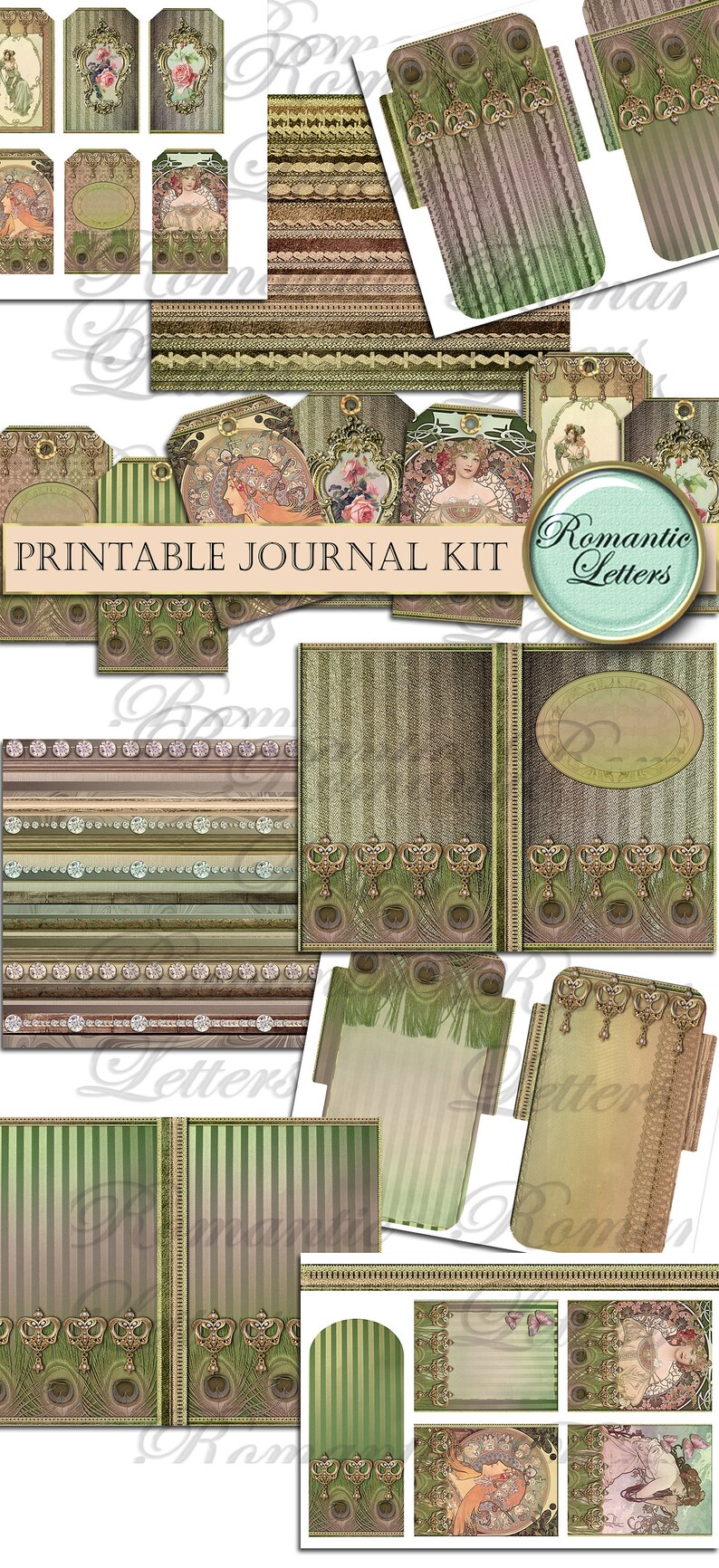 Pode incluir: Kit de di&aacute;rio imprim&iacute;vel com um esquema de cores verde, marrom e dourado. O kit inclui uma variedade de elementos decorativos, como penas de pav&atilde;o, desenhos florais e ilustra&ccedil;&otilde;es de inspira&ccedil;&atilde;o vintage. O texto "Printable Journal Kit" e "Romantic Letters" est&aacute; inclu&iacute;do na imagem.