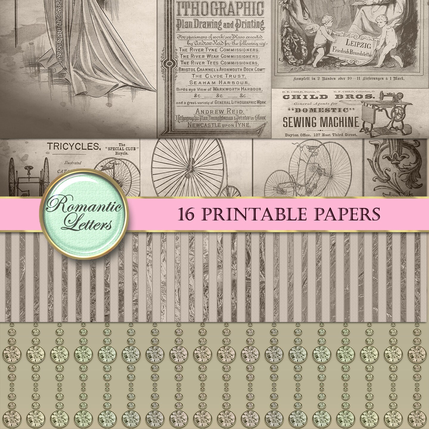 Victorian Ephemera Digital Paper Digital Paper Sepia Digital Printable ...
