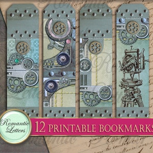 Puede incluir: Doce marcadores imprimibles con un dise&ntilde;o steampunk con engranajes, metal y un instrumento de topograf&iacute;a vintage. Los marcadores est&aacute;n en tonos de azul, gris y marr&oacute;n.