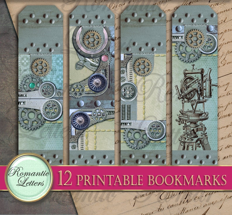 Puede incluir: Doce marcadores imprimibles con un dise&ntilde;o steampunk con engranajes, metal y un instrumento de topograf&iacute;a vintage. Los marcadores est&aacute;n en tonos de azul, gris y marr&oacute;n.