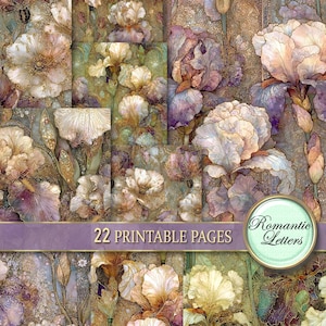 Paquet de papier de scrapbooking numérique fleurs iris pages de journal floral indésirable Shabby Chic, jardin botanique en papier imprimable numérique motifs violets A4