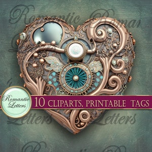 May include: A heart-shaped steampunk design with intricate gears, copper and gold accents, and a turquoise center. The design is surrounded by a dark green background with the text "Romantic Letters" in a decorative font.