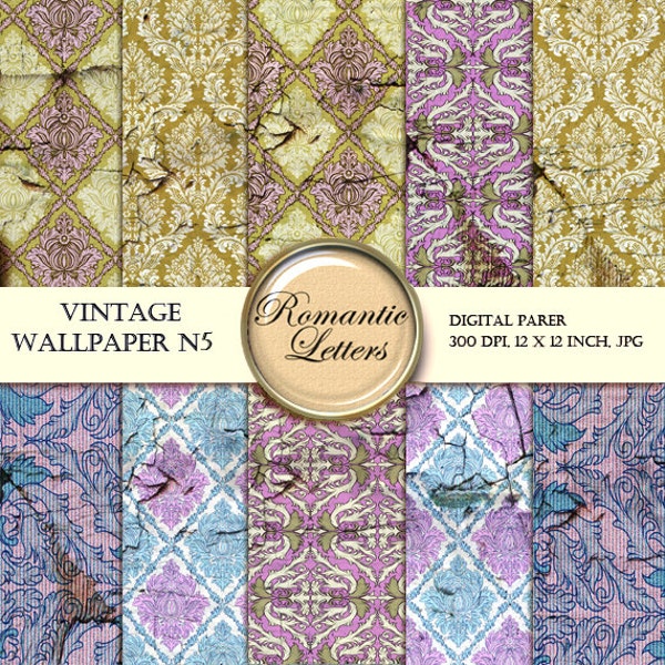 Digital paper pack Vintage wallpaper distressed texture background digital photography backdrop digital scrapbook paper damask pastel