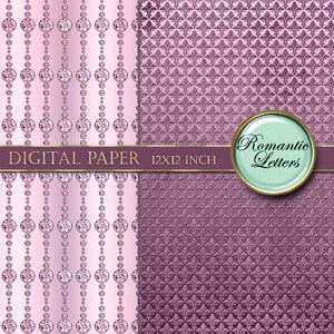 May include: Two digital paper patterns, one with a pink background and a repeating pattern of silver circles, the other with a purple background and a repeating pattern of silver fleur-de-lis. The text "DIGITAL PAPER 12X12 INCH" is on a gold ribbon across the top of the image. A circle with the text "Romantic Letters" is in the upper right corner.