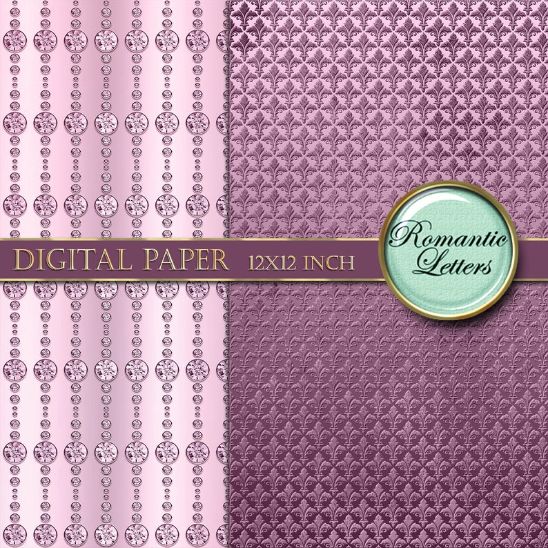 May include: Two digital paper patterns, one with a pink background and a repeating pattern of silver circles, the other with a purple background and a repeating pattern of silver fleur-de-lis. The text "DIGITAL PAPER 12X12 INCH" is on a gold ribbon across the top of the image. A circle with the text "Romantic Letters" is in the upper right corner.