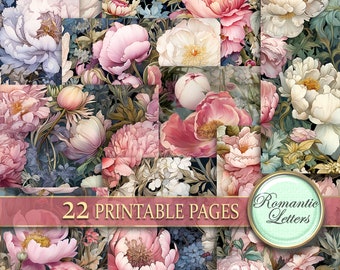 May include: A digital collage of 22 printable pages featuring a floral pattern with pink, white, and blue peonies. The text "22 Printable Pages" and "Romantic Letters" is included in the image.
