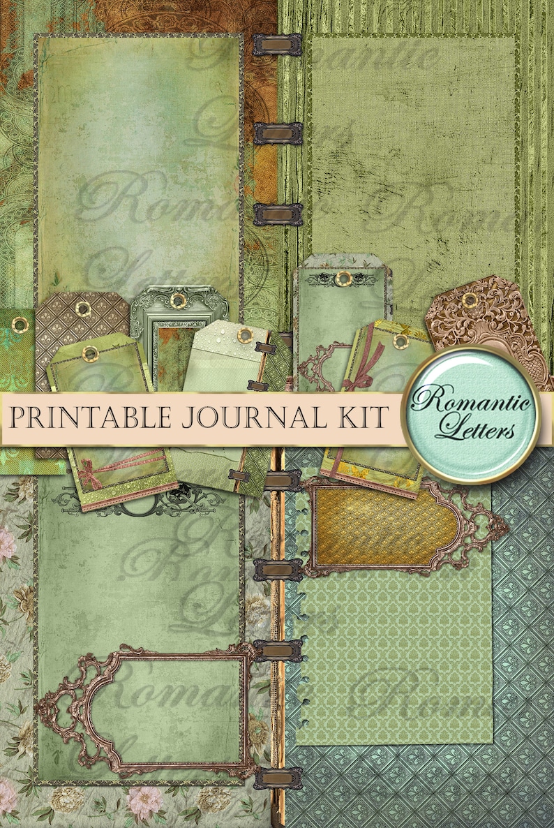 May include: A digital collage featuring a printable journal kit with a vintage aesthetic. The design incorporates various textures, including aged paper, floral patterns, and ornate frames in shades of green, brown, and gold. Text includes "Printable Journal Kit" and "Romantic Letters".